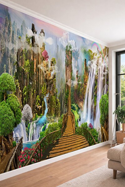 dreamwall Fantastik Doğa Manzaralı Şelale ve Ahşap Köprü 3D Etkili Tekstil Du...