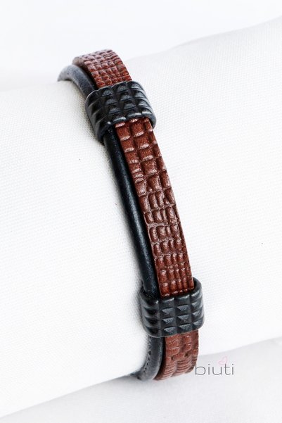 biuti Tan Color and Black Double Color Printed Genuine Leather Men's Bracelet with Magnet, Gift for Lover