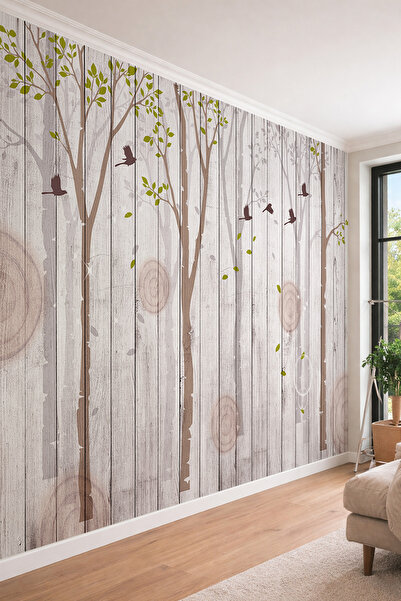 dreamwall Ahşap Panel Görünümlü Huş Ağacı ve Kuşlar Temalı Tek Parça Tekstil ...