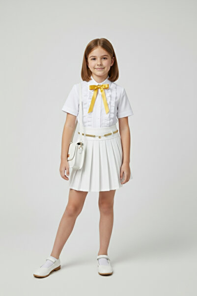FATELLA Girl's Yellow Bowknot White Ruffle Shirt White Pleated Skirt Set Apri...