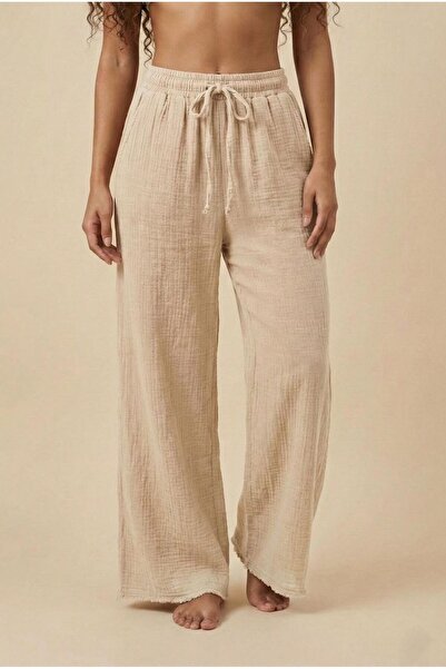 madam trend Stone Color 100% Cotton Muslin Trousers - Elastic Lace-Up Waist, ...