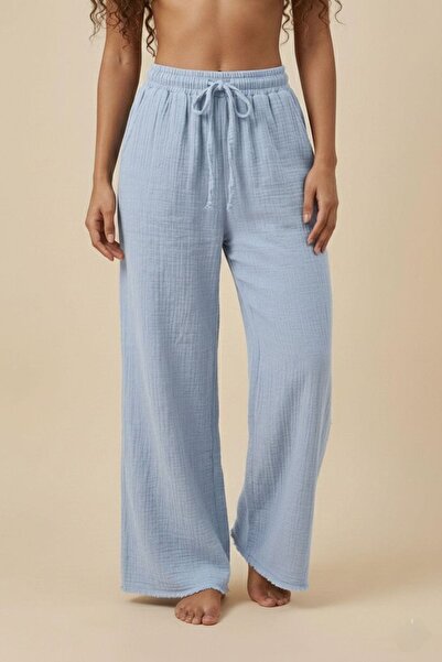 madam trend 100% Cotton Muslin Trousers - Elastic Lace-Up Waist, Wide-Leg Sum...