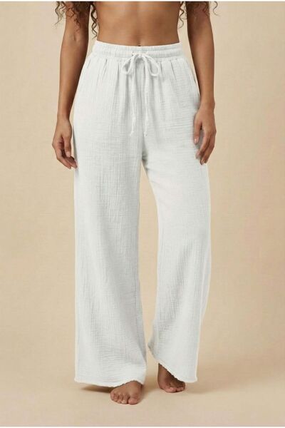 madam trend Білі штани з мусліну, 100% бавовни - еластичний пояс, широкі штан...