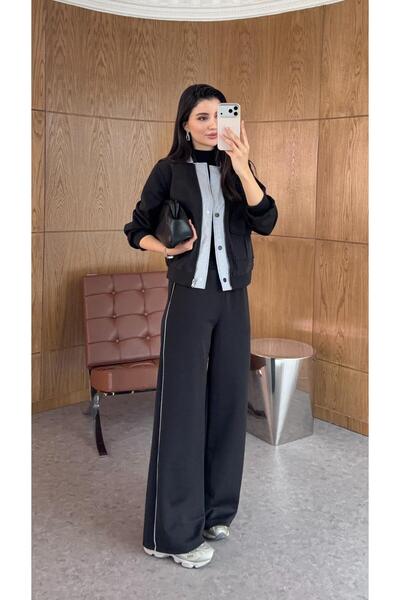 HAZELANNA Black Garnished Jacket Tracksuit Set