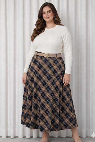 Enga Vera Women's Plus Size Plaid Patterned Long High Waist Side Zipper Winte...