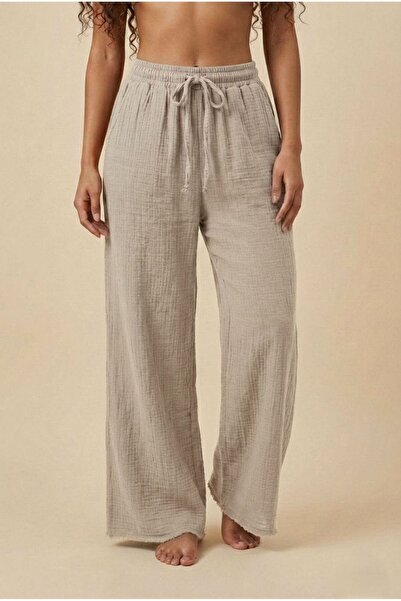 madam trend Stone Color 100% Cotton Muslin Trousers - Elastic Lace-Up Waist, ...