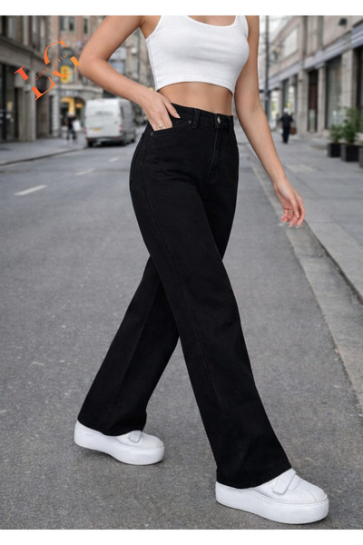 LORDA GİYİM Women's Black Baggy Pants Stylish Lycra High Waist with Zipper