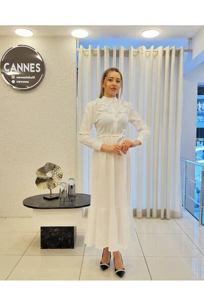 Cannes Eya Women's Fuchsia Collar Ruffle Detailed Belted White Dress