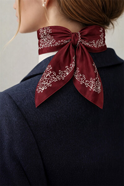 MOORİ Bordo Etnik Desenli Saten Fular 70x70 cm Zarif Kadın Bandana Fular