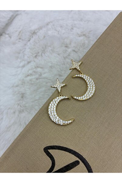 Hedef Bijuteri Gold Color Moon Star Model Zircon Stone Dangle Earrings