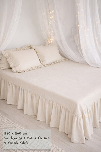 perde plus Fırfırlı Doğal Dokulu Yatak Örtüsü Seti (1 Yatak Örtüsü + 2 Yastık...