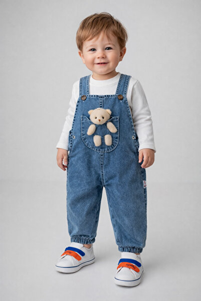 dinamik çocuk Baby Boy Teddy Bear Denim Salopet (with Side Snaps) + Long Slee...