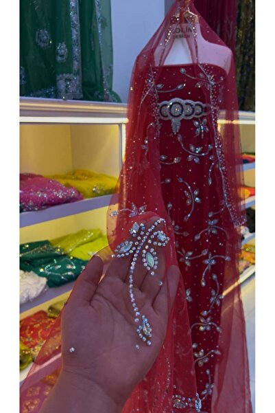 SOLİN YÖRESEL Premium Kristal Taş İşlemeli Hayal Tül - Kırmızı - 5 Metre x 11...