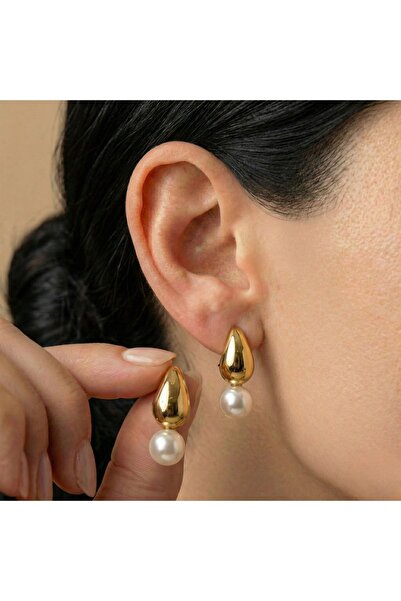 AccessoriesCınCık أقراط نسائية من الفولاذ بلون ذهبي مع تفاصيل من حجر اللؤلؤ