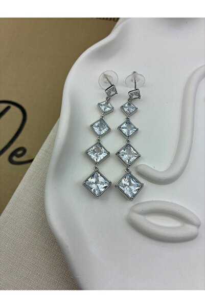 Hedef Bijuteri Silver Color Dangle Square Baguette Zircon Stone Dangle Earrings