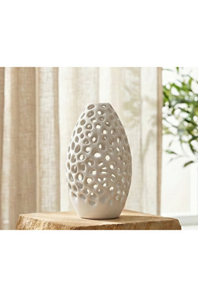 ENG.CO مزهرية سيراميك بتصميم أبيض عصري ومفرغ - إكسسوار منزلي زخرفي أنيق