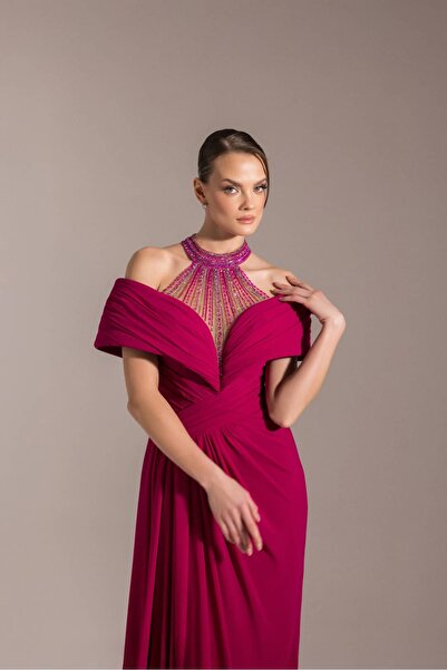 Kenzel Stone Detailed Draped Slit Off-Shoulder Evening Dress