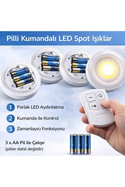 EyluX Shop 3 Lü Kumandalı Yapışkanlı Kablosuz Pilli Led Spot Lamba Mutfak,Sal...