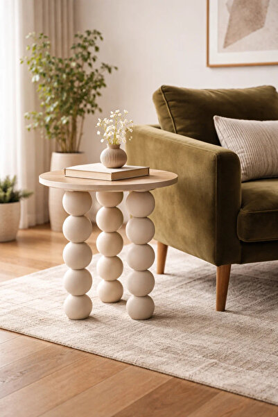 MARIA HOMES Stylish Beige Round Side Table with Unique Sphere Legs Wood Top f...