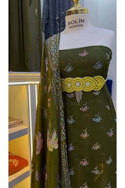 SOLİN YÖRESEL Kristal Taş İşlemeli Şifon Kumaş Seti - Zeytin Yeşili - 6 Metre...