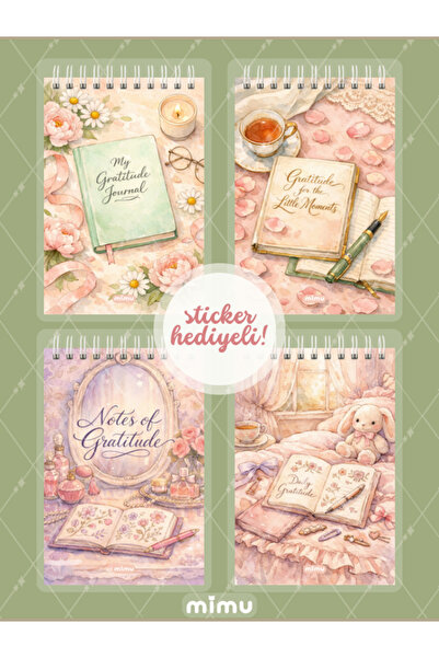 Mimu Art Studio Gratitude Şükran Günlüğü 4’lü A6 Spiral Defter Seti + Sticker...