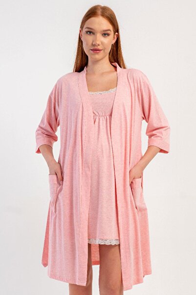 VİENETTA Women's Maternity Nightgown and Dressing Gown Set Pink 2-Piece Set C...