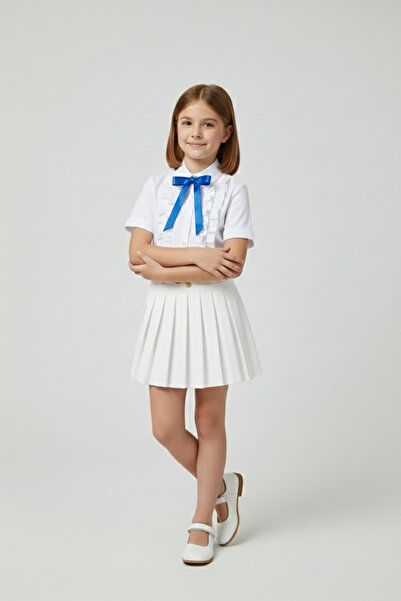 FATELLA Момичешки комплект с бяла риза с волани и бяла плисирана пола с синя ...