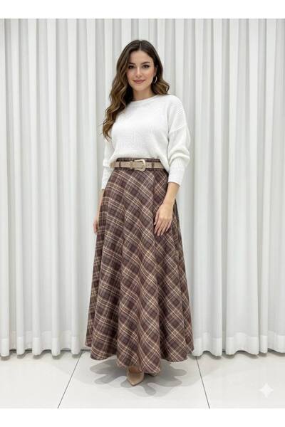 Enga Vera Women's Plaid Patterned High-Waisted Long Skirt with Belt, Comforta...