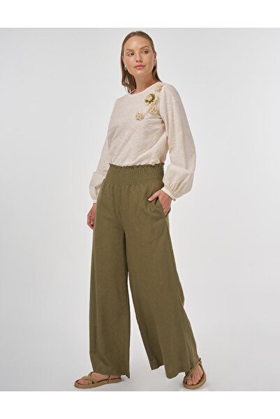 Kayra Gipe Stitched Linen Viscose Trousers Khaki 79098