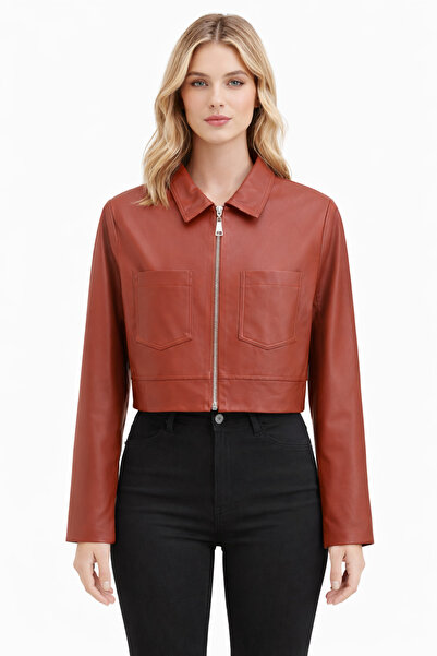 kıyı export Women's Zippered Crop Leather Jacket - Terracotta