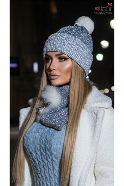 drt tasarım Blue and White Reflective Brooch Beret Scarf Neck Collar Set