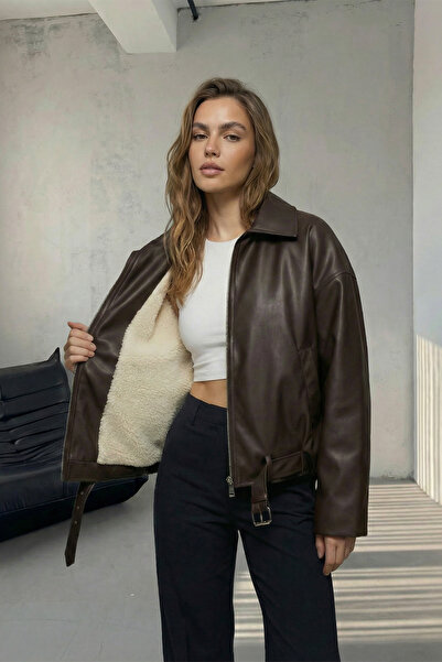 MANMARK Oversize Viral Women's Leather Jacket with Fur Inside and Water and C...