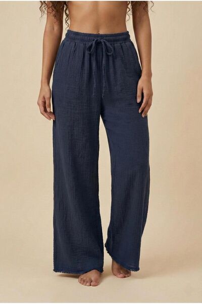 madam trend Navy Blue 100% Cotton Muslin Trousers - Elastic Lace-Up Waist, Lo...