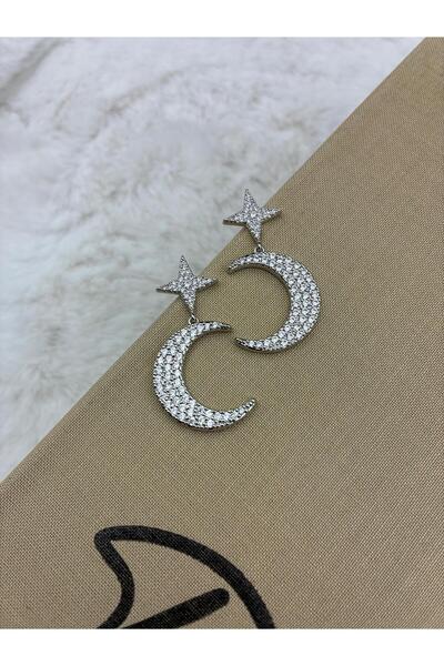 Hedef Bijuteri Silver Color Moon Star Model Zircon Stone Dangle Earrings