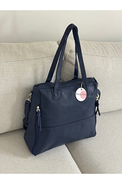 BAGLOVİS حقيبة كتف نسائية كبيرة الحجم بلون أزرق داكن 573 مع تفاصيل سحاب على ا...