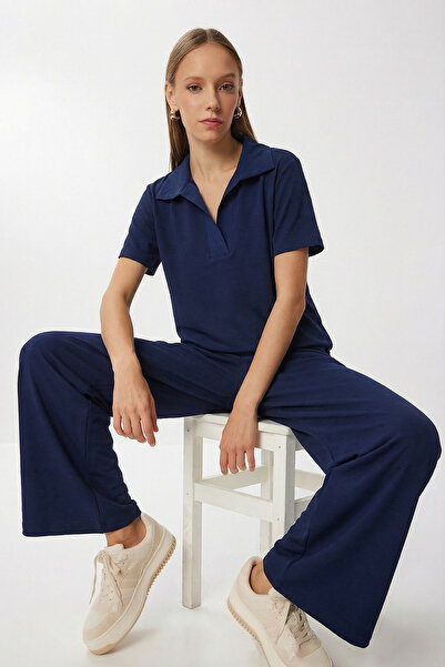 Lovelyİstanbul Polo Collar Parachute Garnished Modal Suit Lby0042 Dark Blue