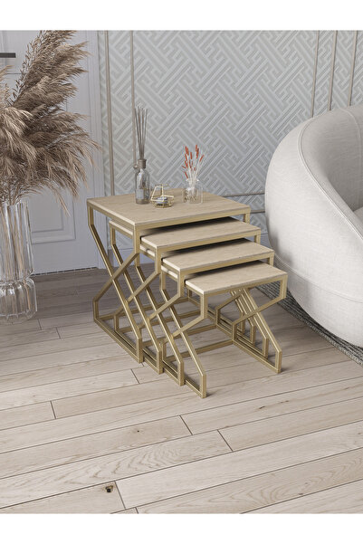 Dekoport Ela 4lü Zigon Sehpa Yan Sehpa Metal Ayak Mdf Membran Tabla