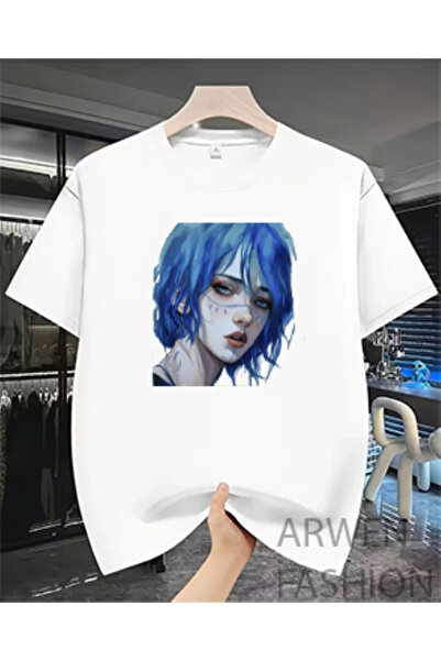 LELVANİ Women's Blue Hair Anime Printed White T-Shirt