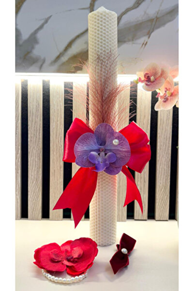 Decorange Decorative Wedding Candle Ivory with Red Bow and Orchid