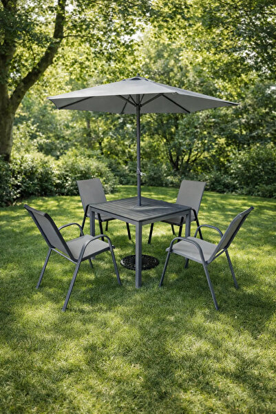 MARIA HOMES طقم طعام فاخر مكون من 5 قطع للحديقة مع مظلة، طاولة وكراسي معدنية ...