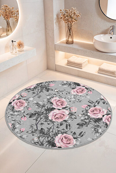 Home Gölgelik Gül Desenli Kaymaz Tabanlı Yıkanabilir Banyo Halısı