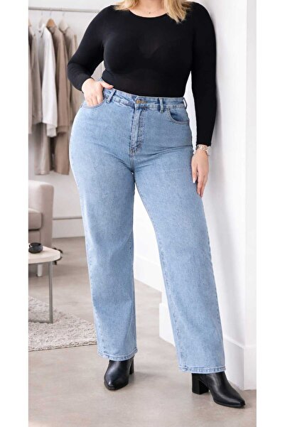 Ramrod Emmiy Kadın Açık MAvi Kar Yıkama Büyük Beden Likralı Palazzo jeans