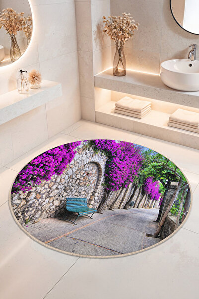 Home Canlı Mor Çiçek Desenli Kaymaz Tabanlı Yıkanabilir Banyo Halısı