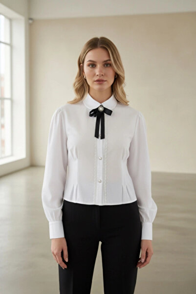 Lusin Women's Brown Bow and Detailed Stylish Shirt