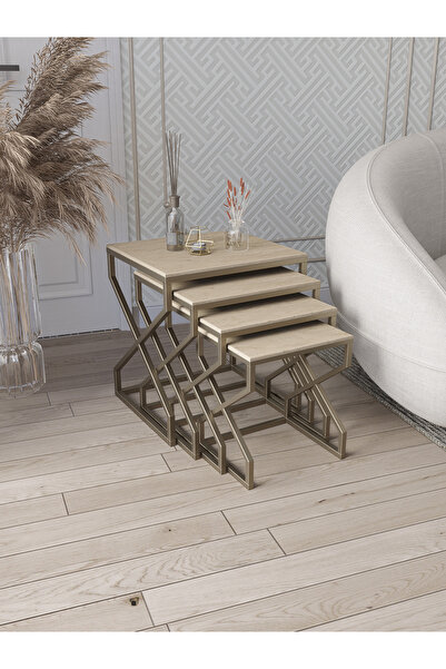 Dekoport Ela 4lü Zigon Sehpa Yan Sehpa Metal Ayak Mdf Membran Tabla