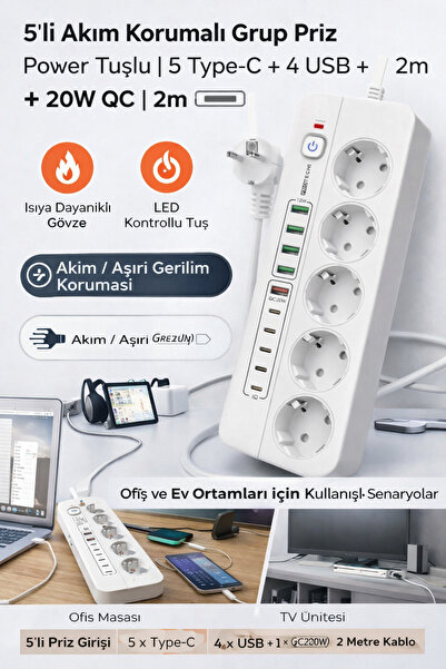 Yellowtech Akıllı Çoklu Priz 5’li Akım Korumalı | Power Tuşlu | 5 Type-C + 4 ...