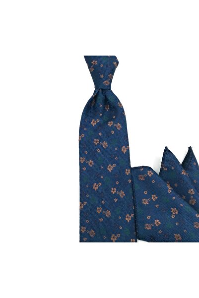 Sade Kravat Lacivert Kahve Yeşil Çiçek Desenli Mendilli Kravat 32864 Lacivert