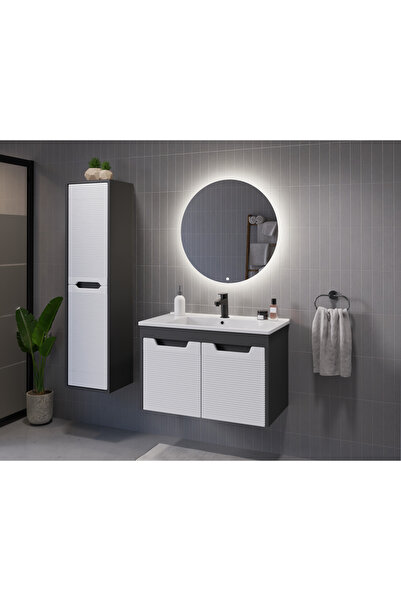 ROSEART BANYO SAFİR2 ANTRASİT BEYAZ 80CM BANYO DOLABI SETİ AYNA + ALT MODÜL +...