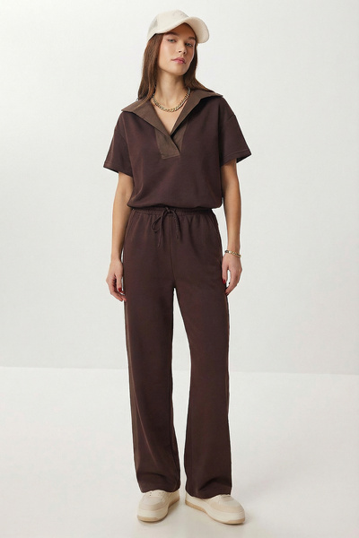 Lovelyİstanbul Polo Collar Parachute Garnished Modal Suit Lby0042 Brown