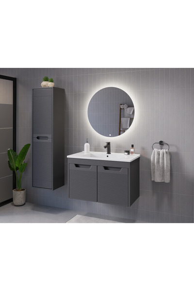 ROSEART BANYO SAFİR2 ANTRASİT 80CM BANYO DOLABI SETİ AYNA + ALT MODÜL + SERAM...